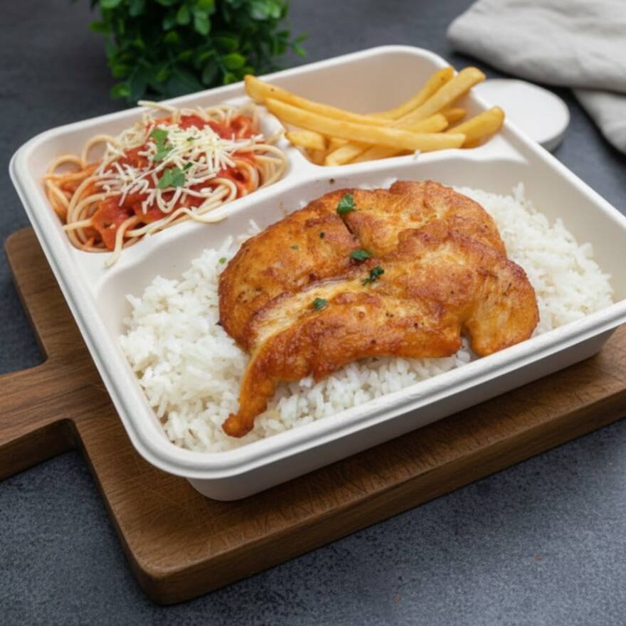 Macarrão com molho vermelho, arroz, fritas e filé de frango.