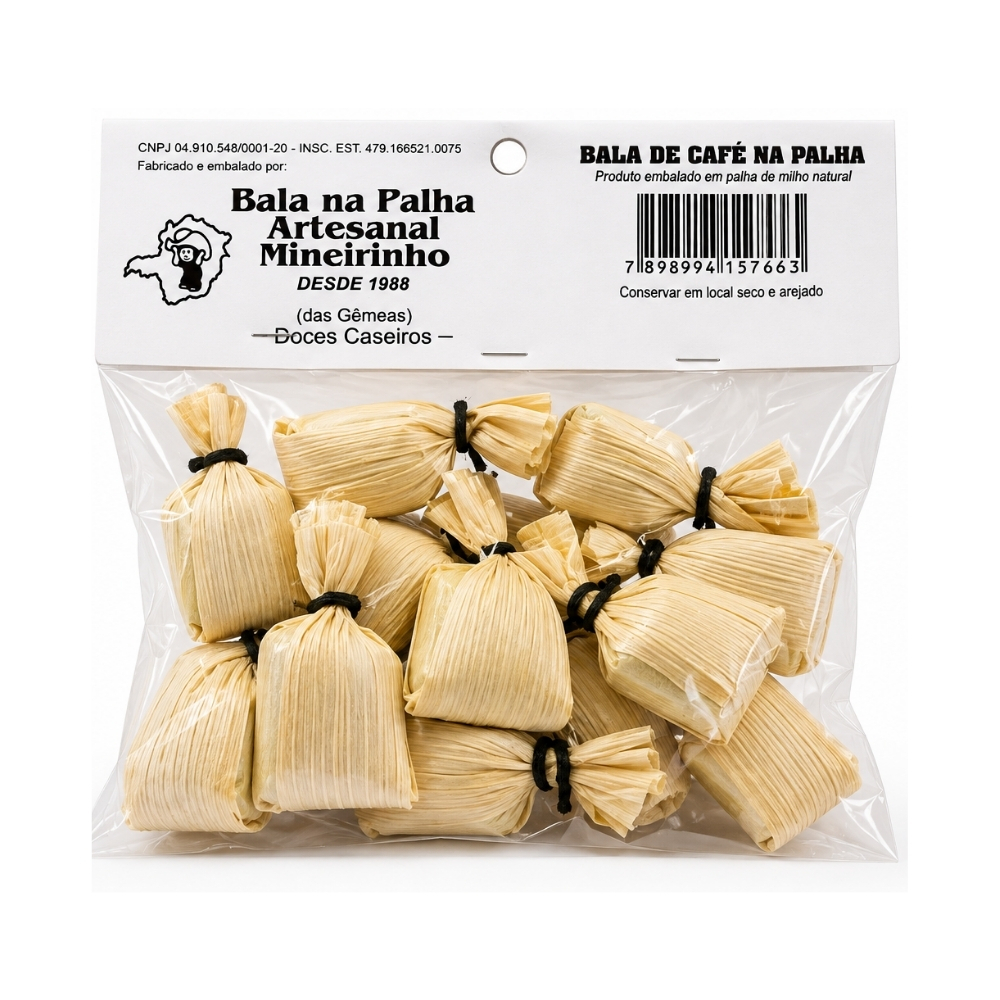 Embalagem de 130g. A Bala na Palha Artesanal Mineirinho, é uma bala deliciosa de leite com café que derrete na boca, além de gostosa é linda de se vê. Embrulhada manualmente com palha de milho natural. (Alérgicos: contém leite, contém lactose)