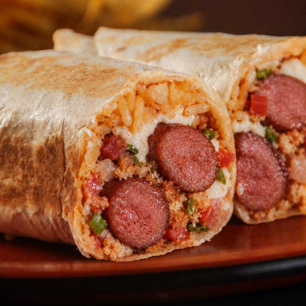 Burritos comemorativos para a copa:
Arroz, feijão, vinagrete, farofa de bacon, rodelas de linguiça de churrasco e maionese de alho