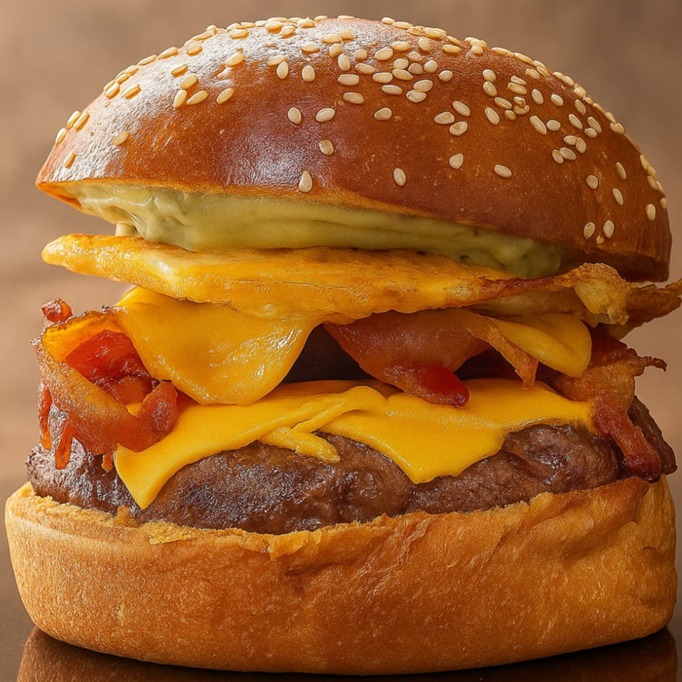 Pão brioche, blend, queijo de sua preferencia, bacon, ovo e maionese.