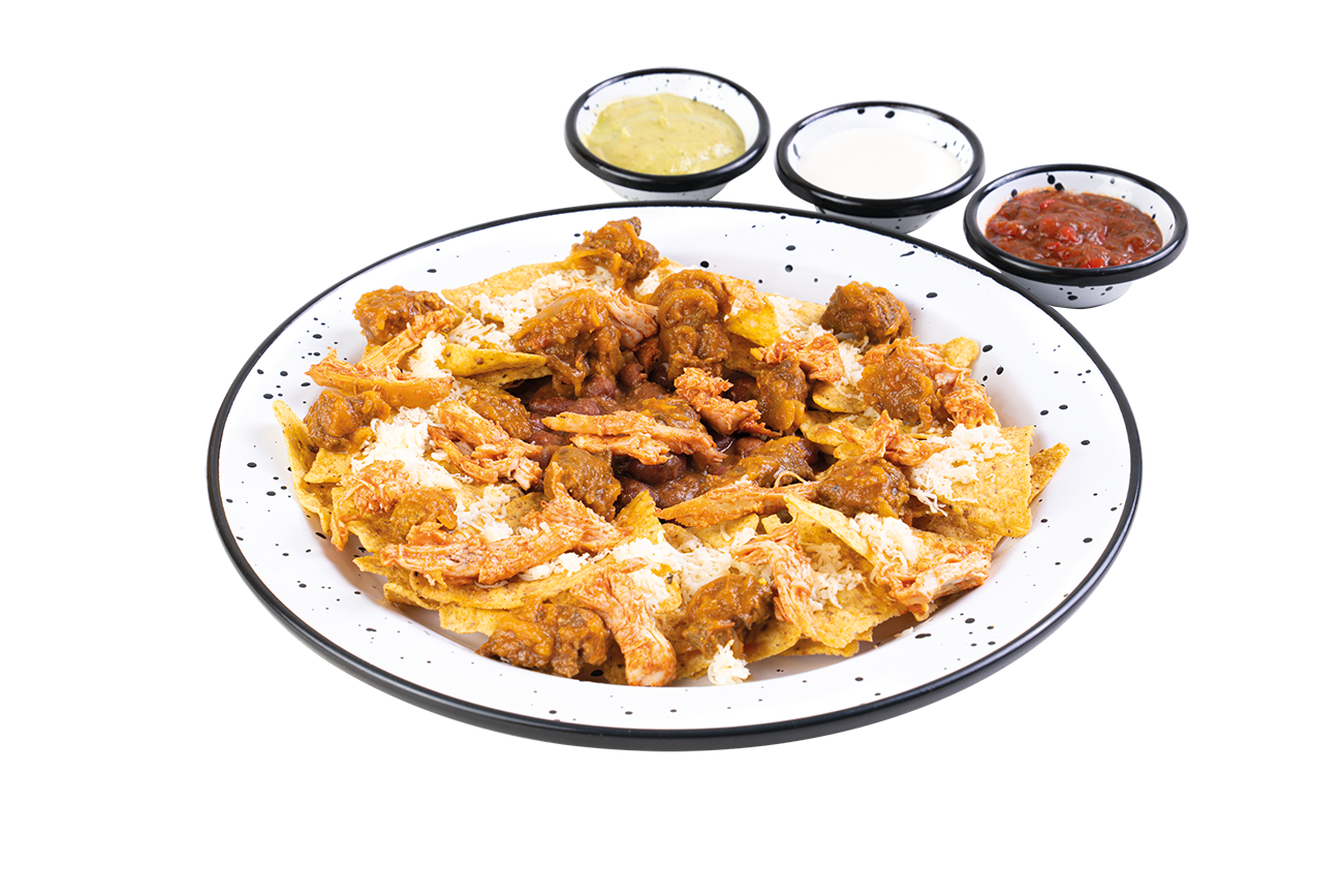 NACHOS CON POLLO Y SOBREBARRIGA