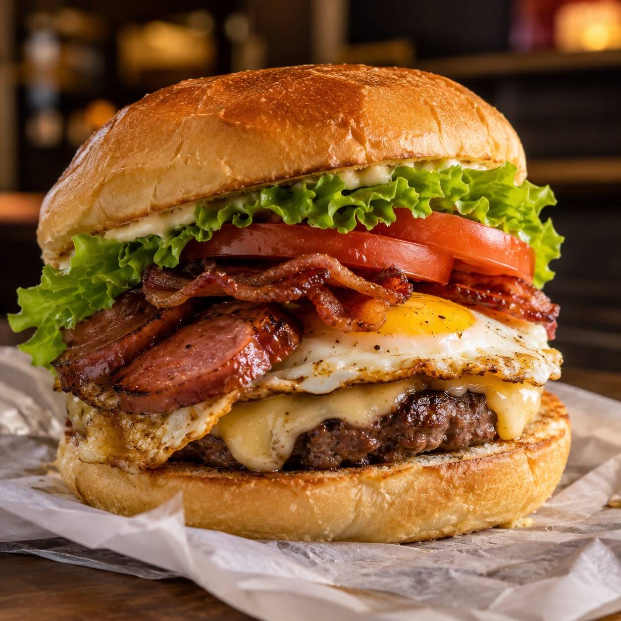 Pão gergelim, hamb. 56g, bacon fatiado, calabresa, ovo, alface, cebola, tomate, muçarela/cheddar, maionese da casa