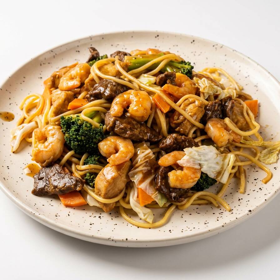 Macarrão chinês cozido com pedaços de carne, frango, legumes e camarões ao molho de soja e especiarias