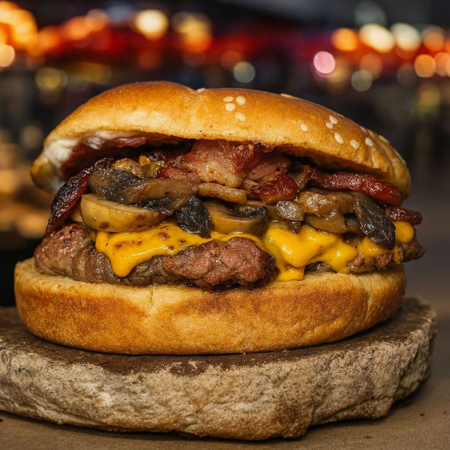 Cheeseburger Con Tocino y Champiñones