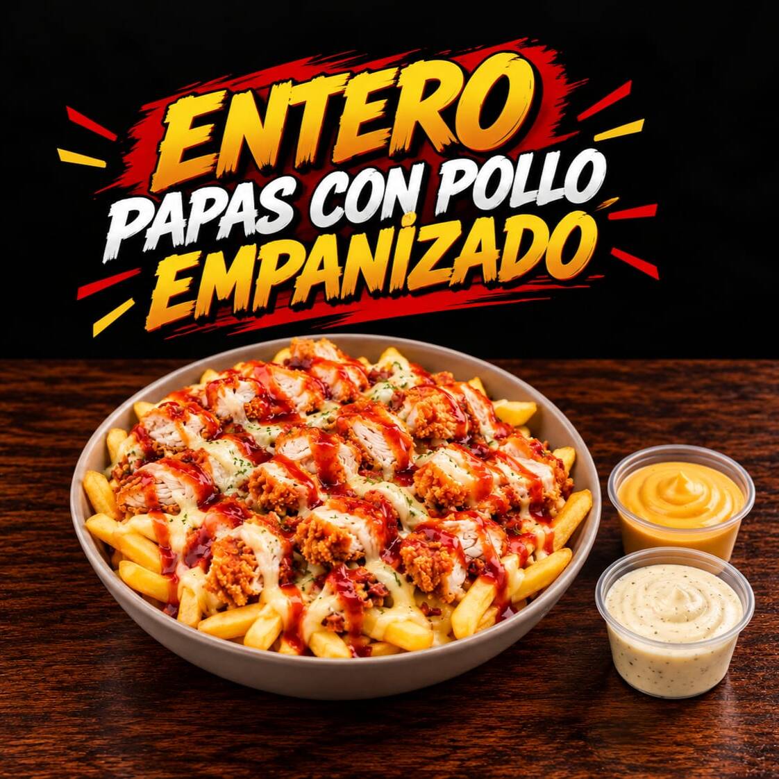 Entero Trozos Pollo Empanizado, Papas y 2 Salsas