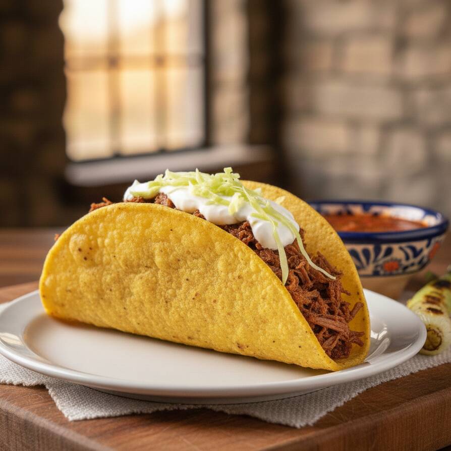 Tortilla de milho crocante com recheio super temperado. Acompanha, cheddar, cream cheese, salada flakes de repolho fino, molho especial defumado de alho.