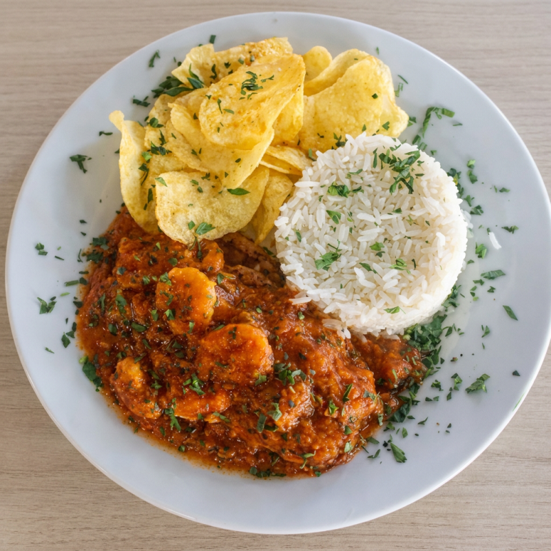Filé de tilápia macio envolvido em um molho encorpado de camarão, preparado lentamente para realçar os sabores do mar. Acompanha arroz branco soltinho e batata chips crocante, criando o equilíbrio perfeito entre cremosidade, leveza e textura.