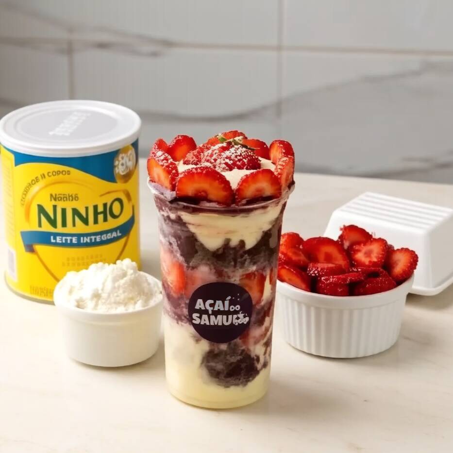 Açaí Cremoso Com Morangos Frescos, Creme De Ninho, Leite Condensado Cremoso E Leite Em Pó. Combinação Suave, Doce E Irresistível Em Cada Colherada.