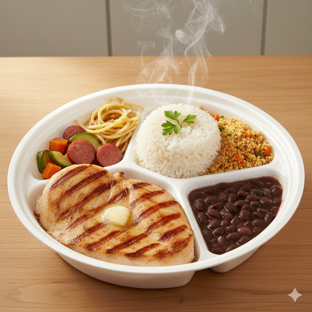 • Arroz branco • Feijão preto • Farofa de mandioca com calabresa • Abobrinha e cenora refogados • Espaguete ao alho e óleo