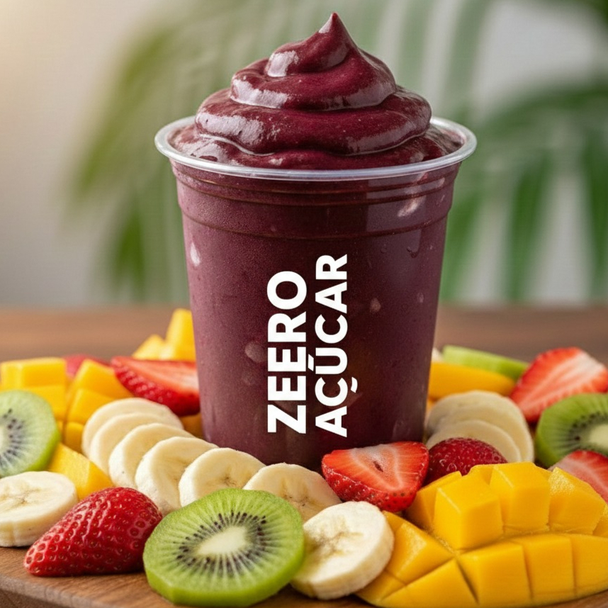 Delicioso creme de açaí sem adição de açúcar, sem glúten e sem lactose. Você ainda pode escolher 3 acompanhamentos totalmente gratuitos!
