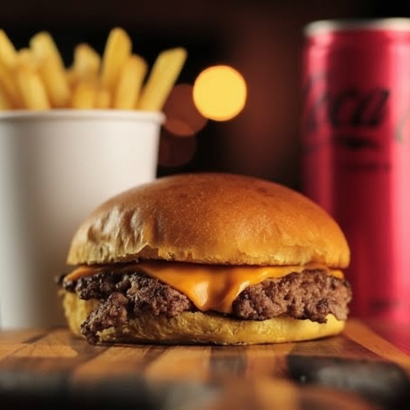 Pão Brioche, 1 carne smash 100g, fatia de queijo Cheddar Polenghi e Molho Fire + batata+ Refri