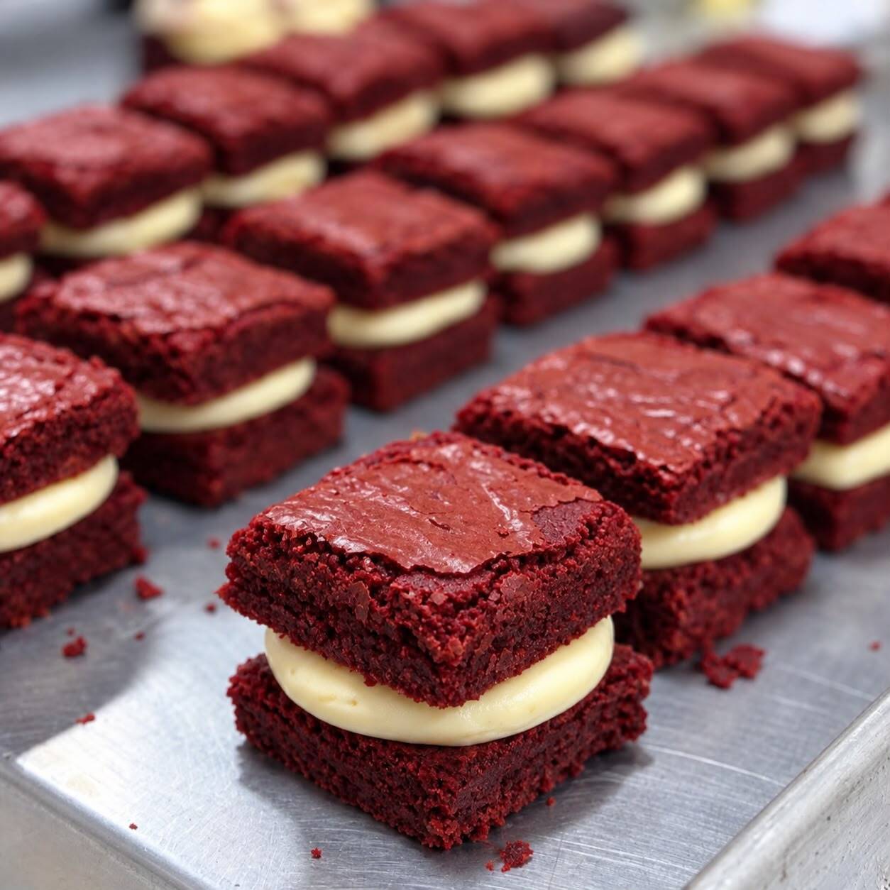 Feito com blond ou brownie de red Velvet mega molhadinho, rechado com um brigadeiro de ninho