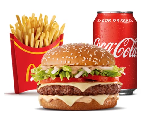 Composto por um hambúrguer de carne 100% bovina, o icônico molho tasty, queijo processado sabor emental, tomate, alface, cebola, tudo isso no pão com gergelim, acompanhamento e bebida