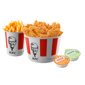 Aqui tem o seu Balde preferido! Compre 1 Balde Grande (8 Tiras) + 1 Balde de Batata com desconto + 2 Molhos