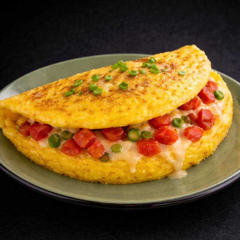 Omelete com 3 ovos caipira, queijo leve (mussarela), tomate cereja e manjericão.
