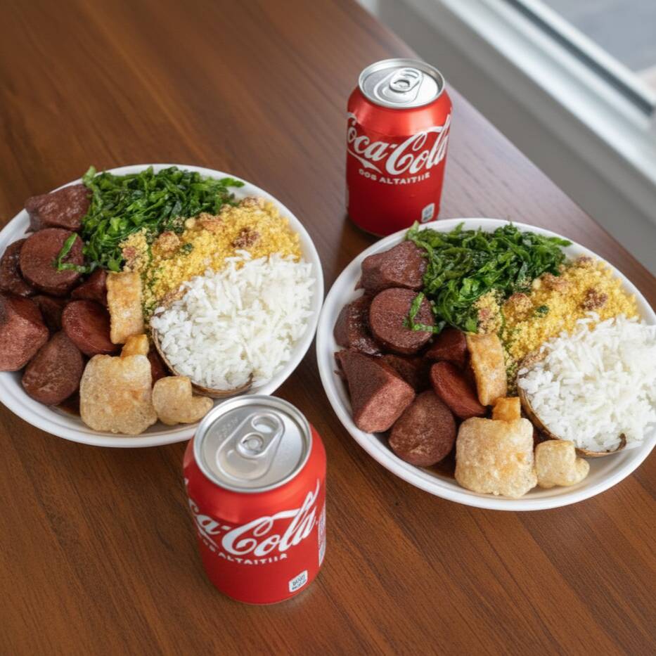 Marmitex de feijoada com feijão preto, carne suína, calabresa e bacon. Acompanha arroz branco, farofa, couve e torresmo crocante.