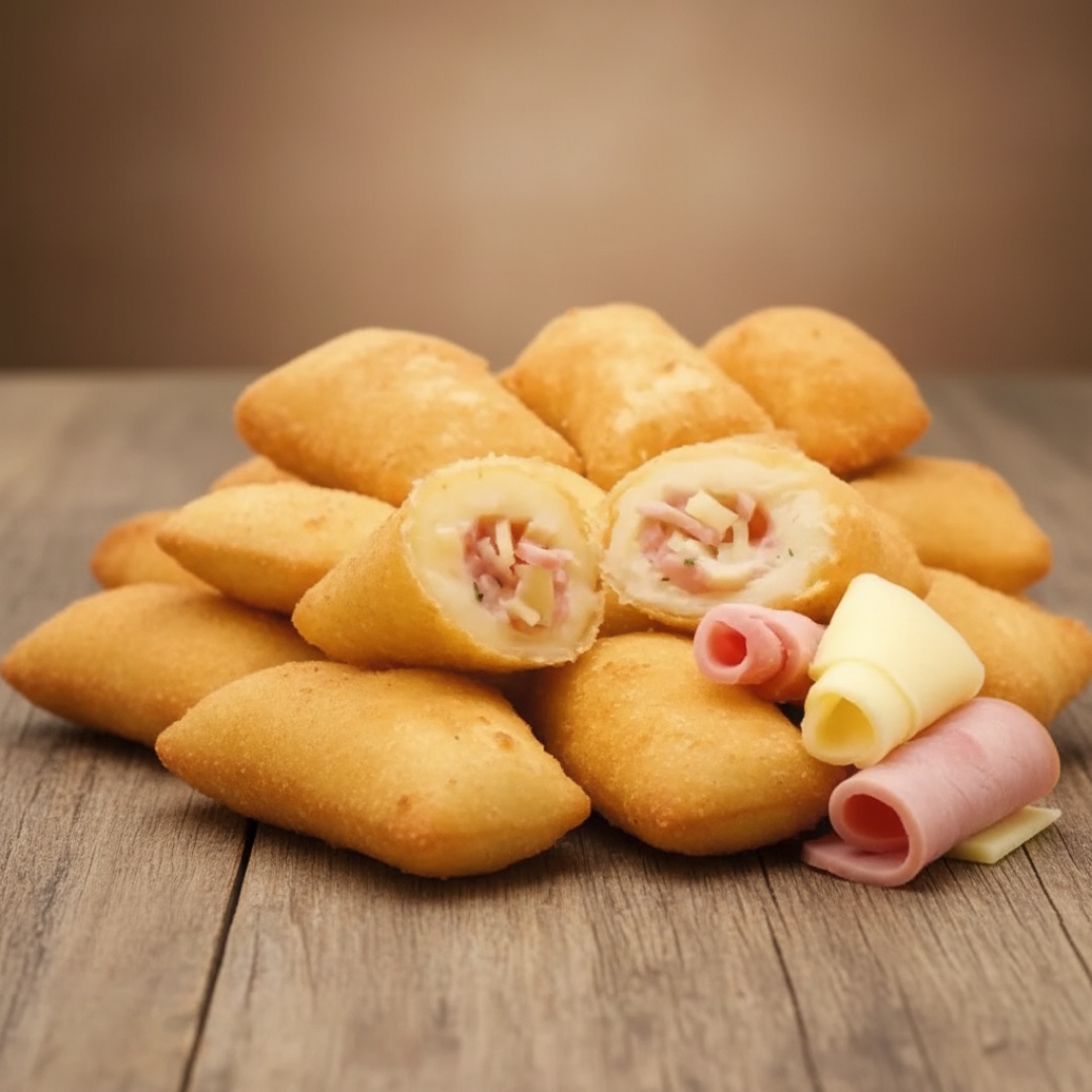 25 unidades de Travesseirinhos de Presunto e Queijo Fritos
