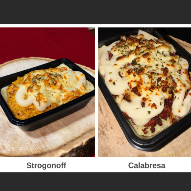 1 Batata de Calabresa e Queijo + 1 Batata de Strogonoff e Queijo