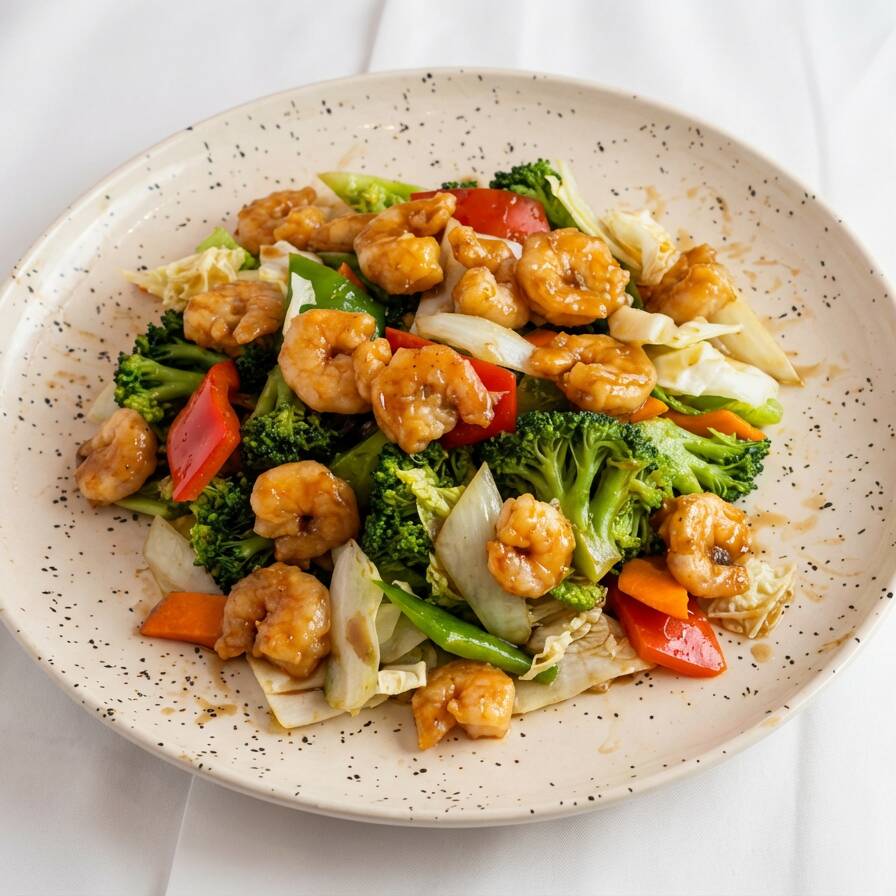 Camarão com Legumes com Brócolis, Cenoura, Cebola, Pimentão, Acelga e Repolho