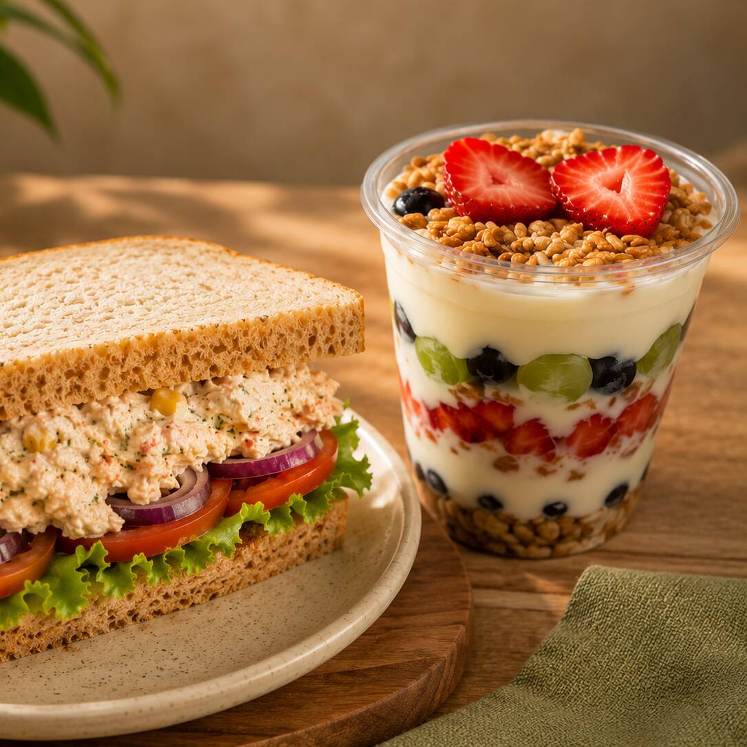 O combo inclui um Sanduíche de Creme de Frango preparado com frango desfiado cremoso com requeijão light, alface fresca, tomate e cebola roxa, servido no pão macio e fresquinho.
Para adoçar a experiência de forma leve, acompanha um Copo da Felicidade, feito com iogurte cremoso, morangos frescos, uvas selecionadas e granola crocante, proporcionando uma combinação irresistível de cremosidade e crocância.
