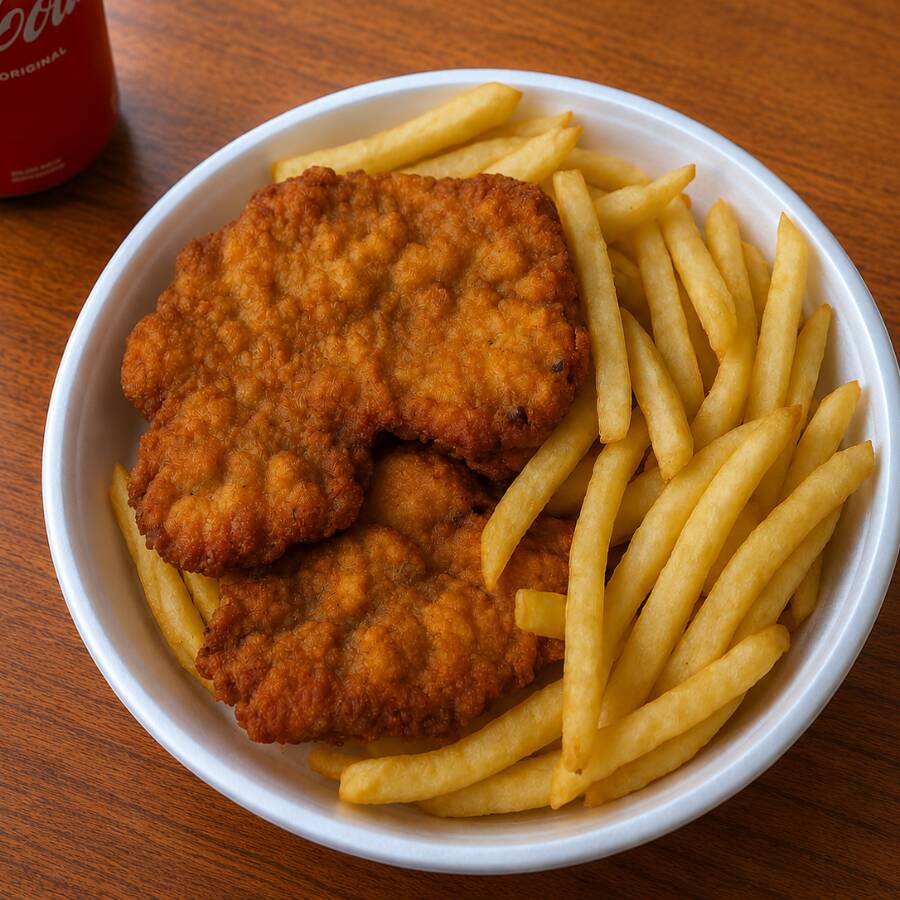 Bife A Milanesa, você monta sua marmita escolhendo 4 guarnições: batata frita, arroz, feijão, macarrão, farofa ou salada de legumes. Marmitex caprichada, comida brasileira caseira de verdade, feita na hora pra matar sua fome. PF completo perfeito pro seu almoço bom e barato com entrega grátis!