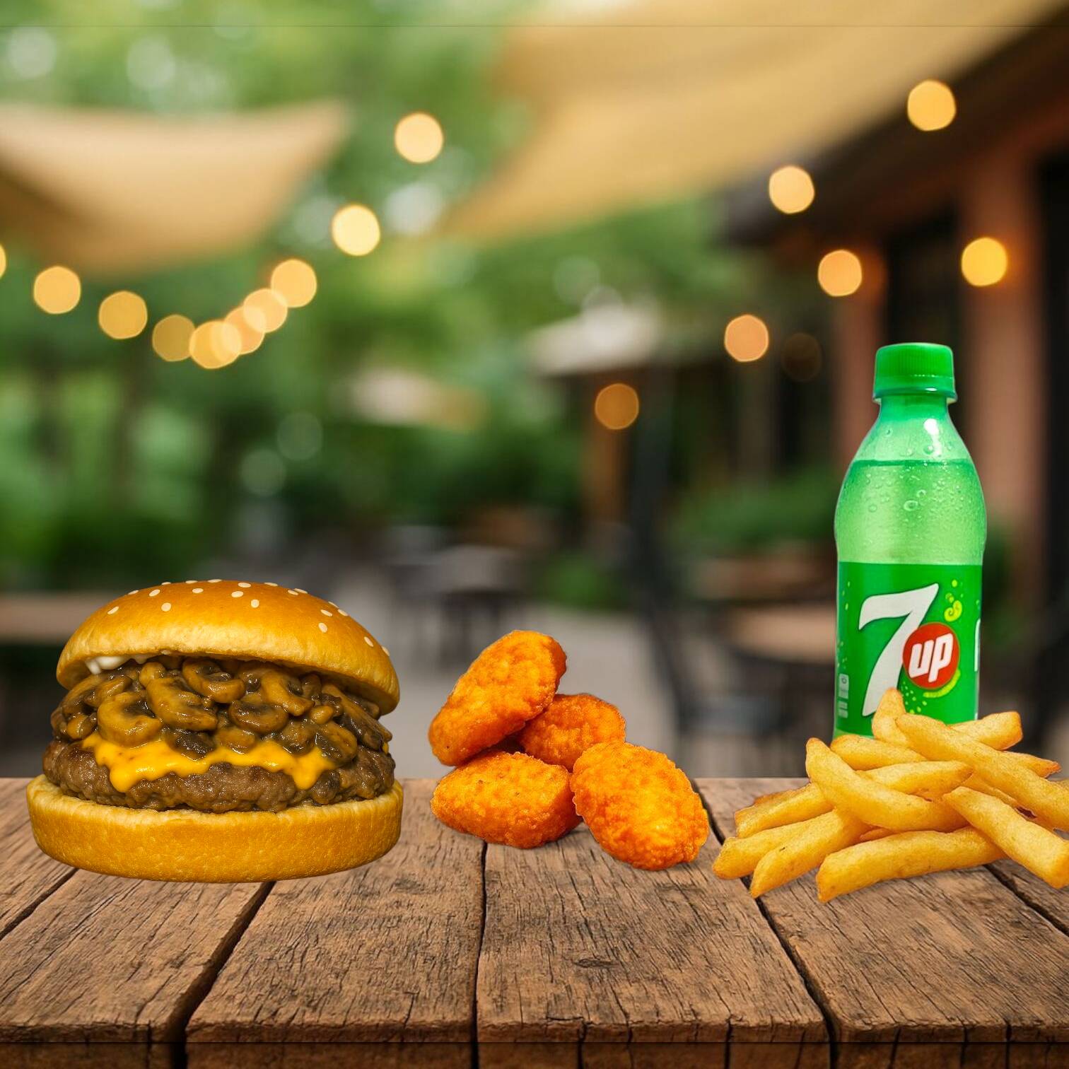 Cheeseburger Champiñón + Nuggets + Papas + Bebida