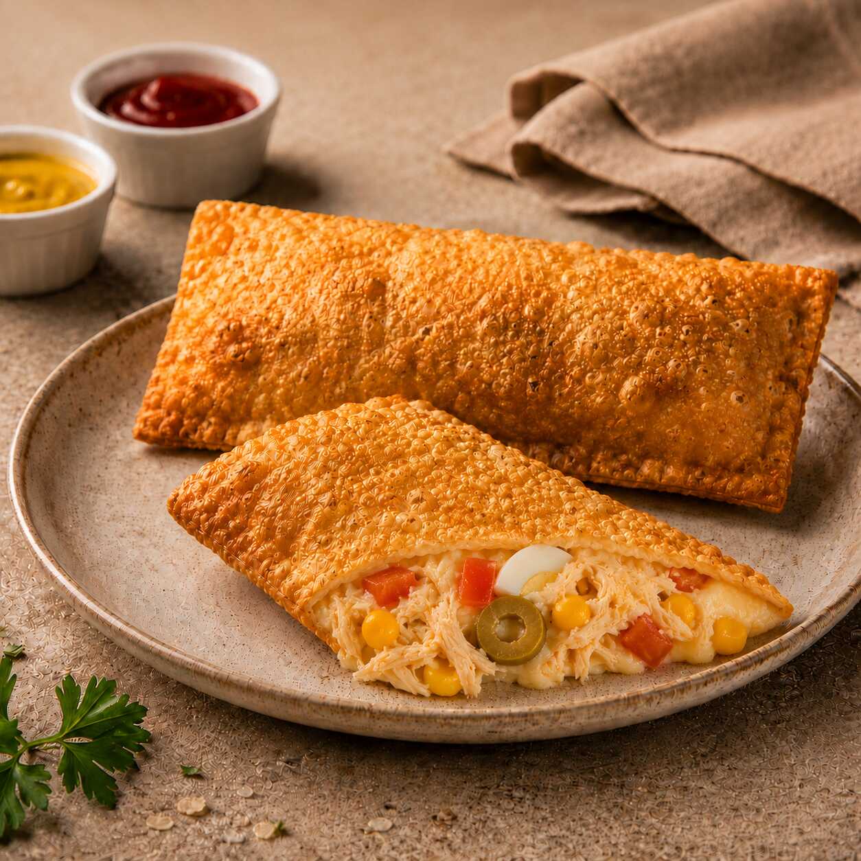 Frango bem temperado, requeijão, queijo, tomate, ovo e azeitonas em um recheio cremoso, gostoso e bem servido. Uma escolha certeira para quem procura um pastel de frango com mais sabor. Aproveite para adicionar seus complementos favoritos.