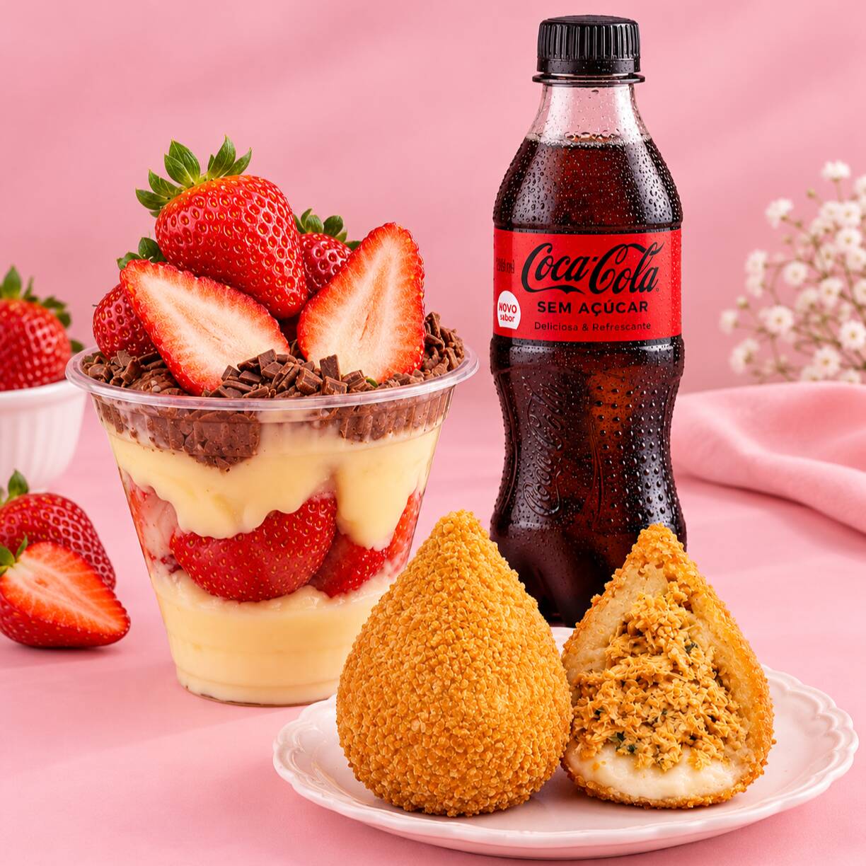 Combo Mata a Fome - Morango - combinação de coxinha crocante - copo de felidade 150ml de morango + coquinha zero 200ml
