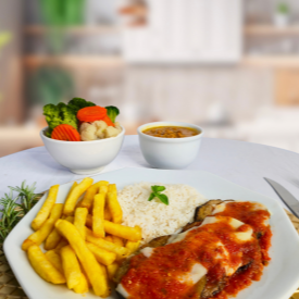 Beringela temperada, empanado na Panko, suculenta, finalizado com molho de tomate saboroso e queijo derretido, um clássico que não falha. Acompanha arroz, e até 1 acompanhamento à sua escolha *feijão opcional gratuito*.