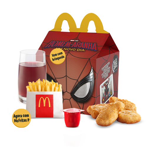 O McLanche Feliz acompanha 4 chicken McNuggets com tomatinho ou McFritas como acompanhamento, uma refrescante bebida e Petit Suisse do Méqui como sobremesa. Brinquedo sujeito a disponibilidade de estoque por restaurante. Confira informações nutricionais em: mcdonalds.com.br/cardapio/ mclanche-feliz. Imagem Meramente Ilustrativa.