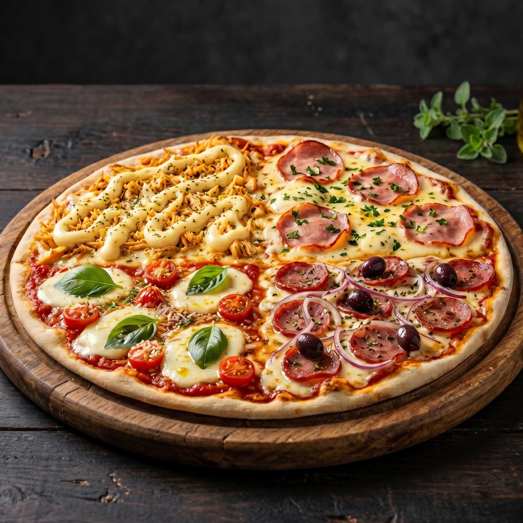 Pizza GG, sabores: Calabresa, Frango c/ Catupiry, Marguerita, Lombo c/ Catupiry.