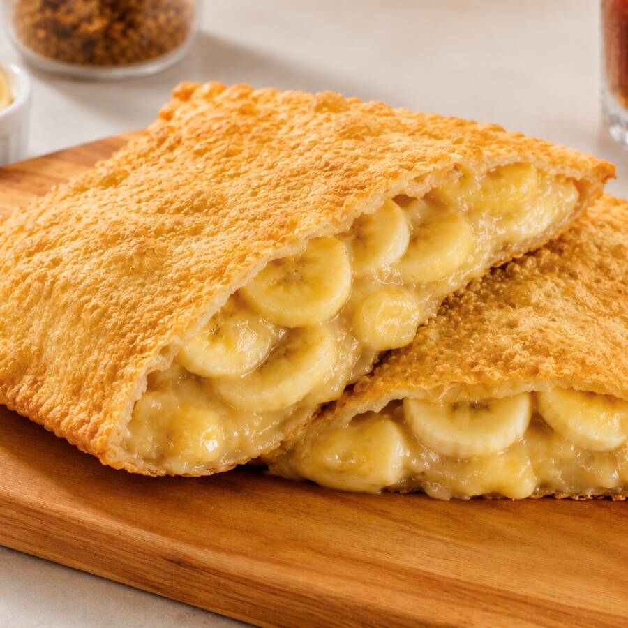 Pastel doce de 21 cm com massa crocante, recheio quentinho de banana e aquele sabor de sobremesa simples, rápida e deliciosa. Uma escolha perfeita para fechar o pedido com um doce gostoso e feito na hora.