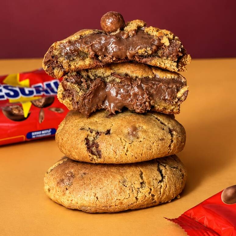 Massa tradicional com gotas de chocolate e Nescau Ball, recheada com aquele brigadeiro de panela bem cremoso, feito com Nescau, do jeitinho que mãe fazia.