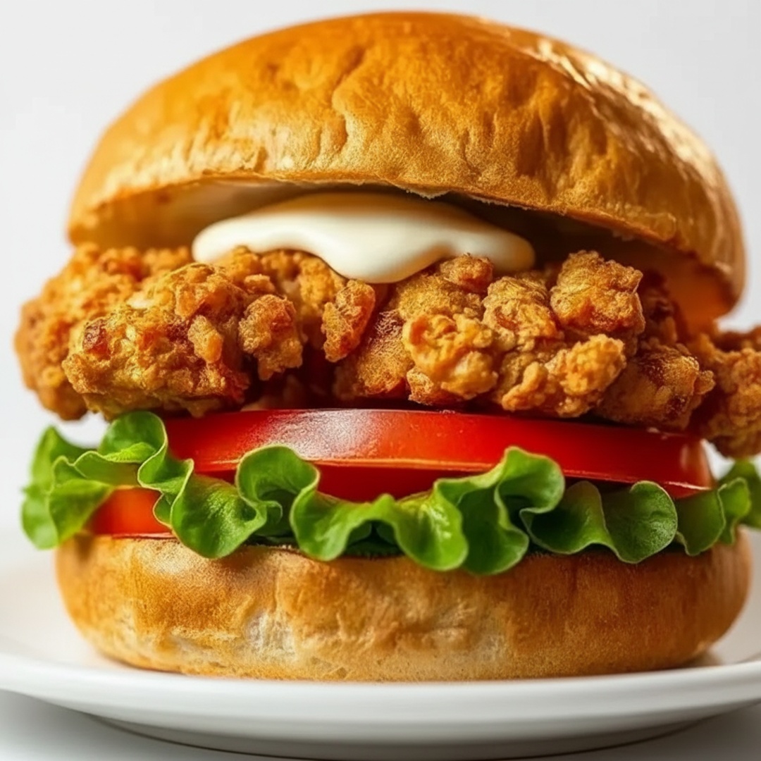 Pão francês redondo, alface e tomate, burguer de frango maionese de alho finalizado com molho especial