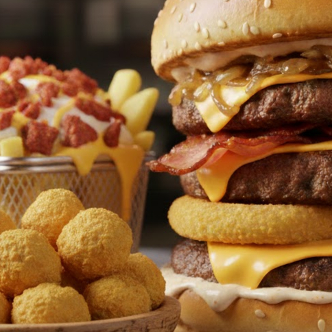 Acompanha 3 x burguer , batata frita com cheddar calabresa e catupury e 12 unidades de bolinho de queijo
