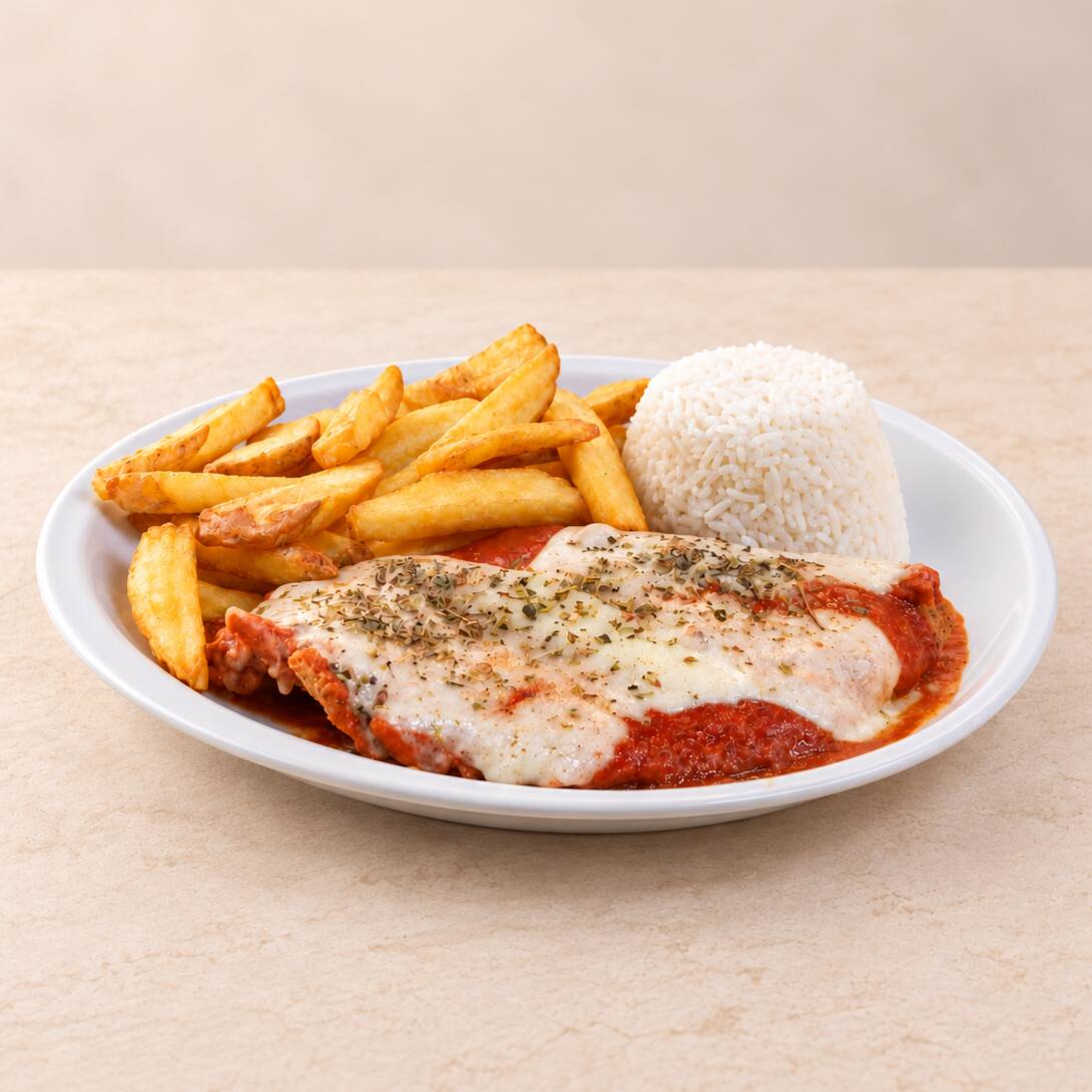 Monte sua parmegiana favorita! Escolha entre frango, carne ou tilápia, coberta com molho e queijo derretido, acompanhada de arroz e batata frita.
