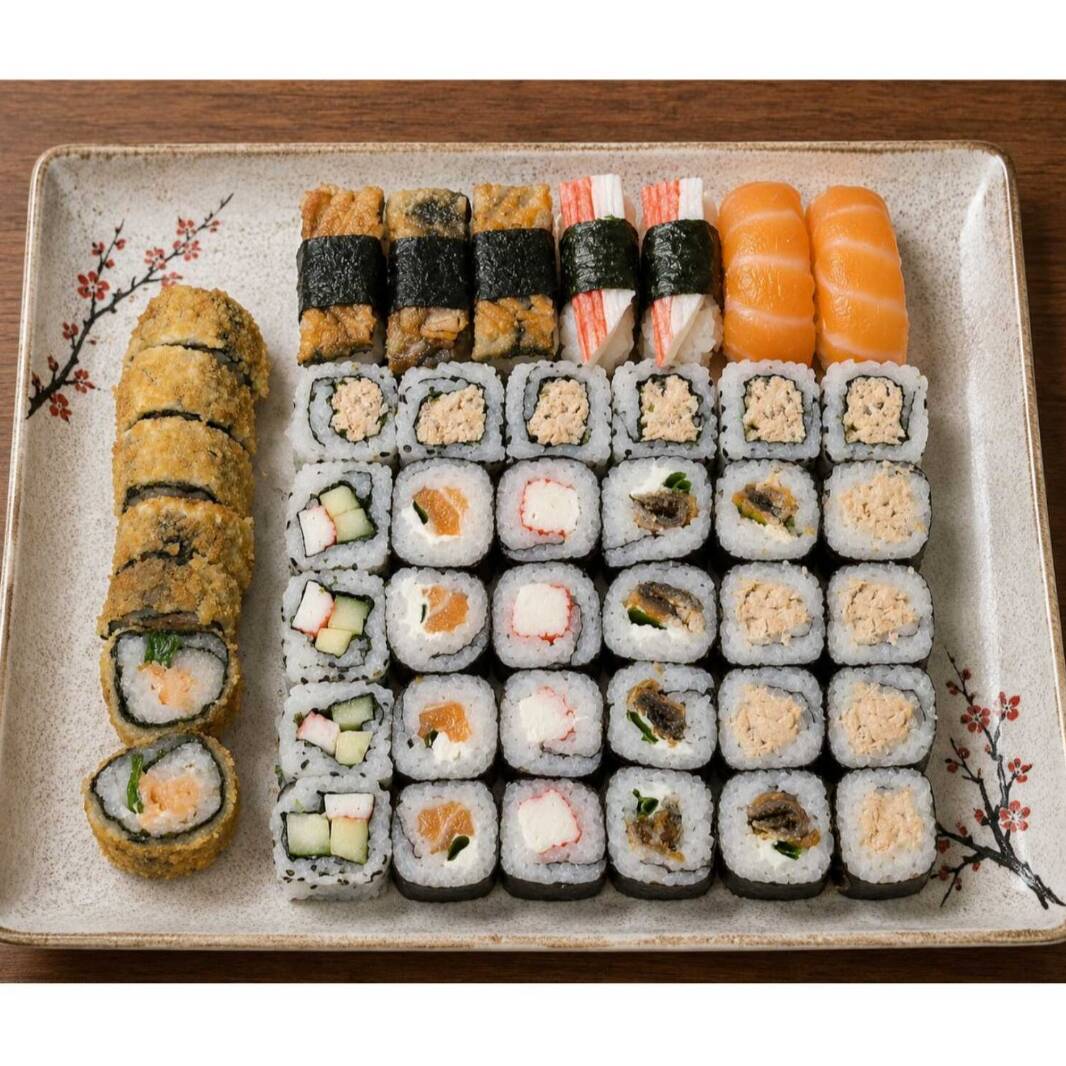 2 Sushi Salmão, 2 Sushi Kani, 3 Sushi Skin, 5 Uramaki Califórnia, 5 Uramaki Grelhado, 5 Maki Kani, 5 Maki Skin (Cebolinha e Creme Chess), 5 Maki Grelhado, 5 Maki Filadélfia, 8 Hott Filadélfia.