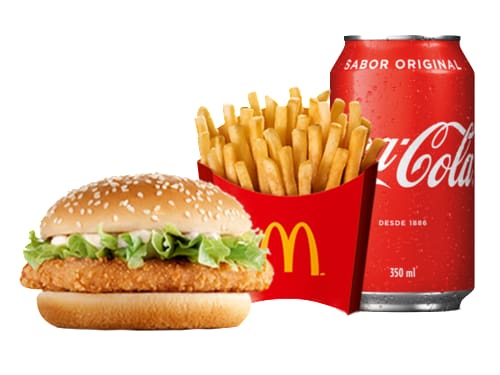 Frango empanado, maionese, alface americana e pão com gergelim, acompanhamento e bebida