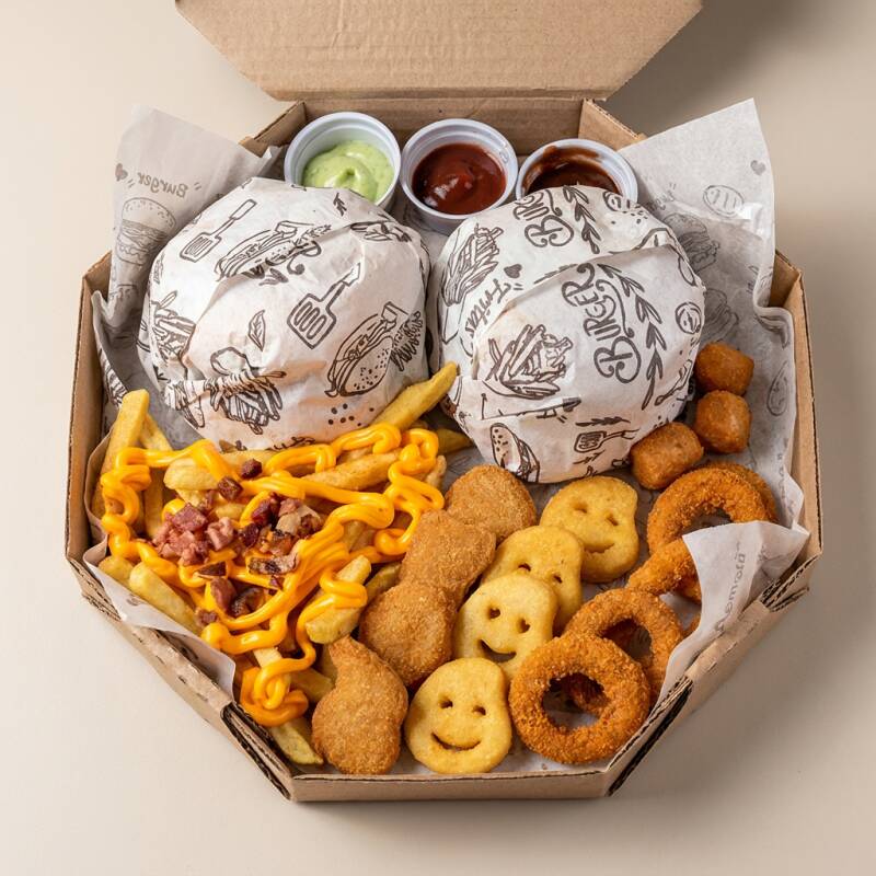 2 Hamburguer , 130g de fritas com cheddar e bacon , 4 anel de cebola , 4 nugget , 4 batata de carinhas , 4 mandioquinha . OBSERVAÇAO ; AS BATATAS PODEM CHEGAREM MURCHAS DEVIDO A EMBALAGEM FECHADA