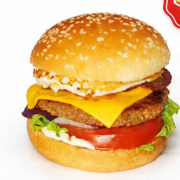 Pão , hambúrguer de costela 120g , ovo , queijo cheddar , presunto , picles , alface , tomate , cebola roxa e molhos .