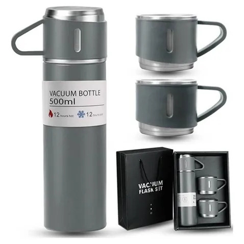Kit de Termo y 2 Tazas de Acero Inoxidable Gris