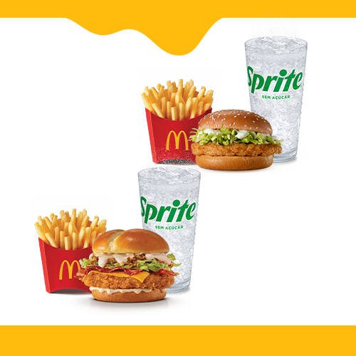 São 2 Mcofertas para você compartilhar com quem preferir #Méquinosofá. Escolha 2 (dois) sanduíches entre as opções: McChicken ou Mccrispy Chicken Legend, 2 (duas) McFritas Médias e 2 (duas) Bebidas. Imagem Meramente Ilustrativa.