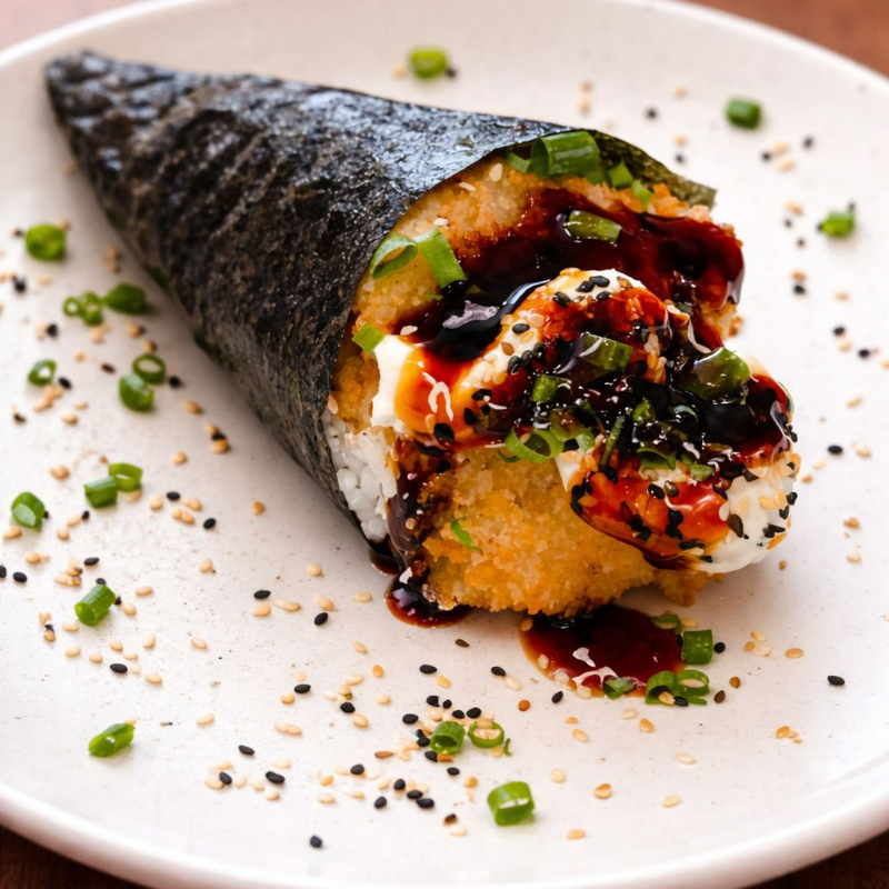 temaki de camarão empanado com cream cheese finalizado com gergelim,atrê e cebolinha.