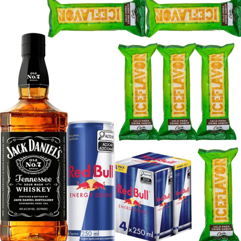 Combo Jack Daniel´s com 4 Red Bull e 6 Gelo de Coco