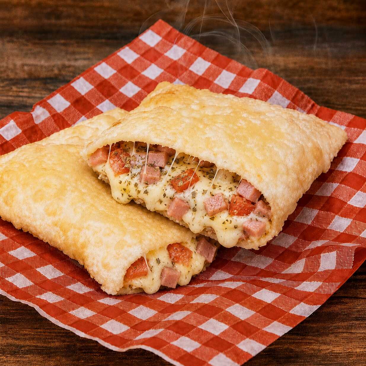 Queijo, presunto, tomate e orégano.