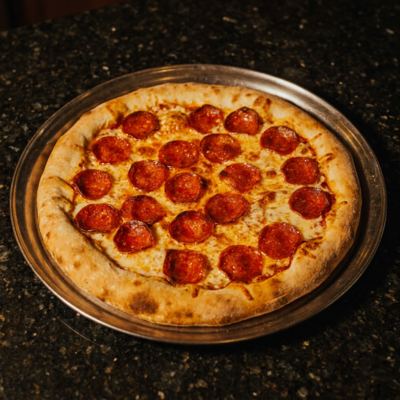 Massa de longa fermentação, molho de tomate, mozarela especial, Pepperoni e Orégano