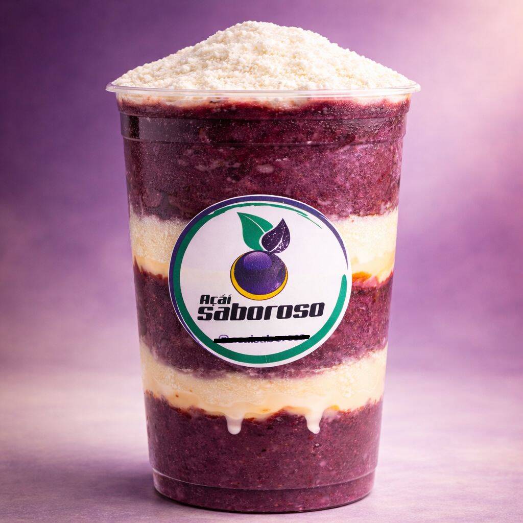 Açaí cremoso de 400 ml com Leite em pó e leite condensado nas 3 camadas do copo. Opção irresistivel pelo menos preço da loja.