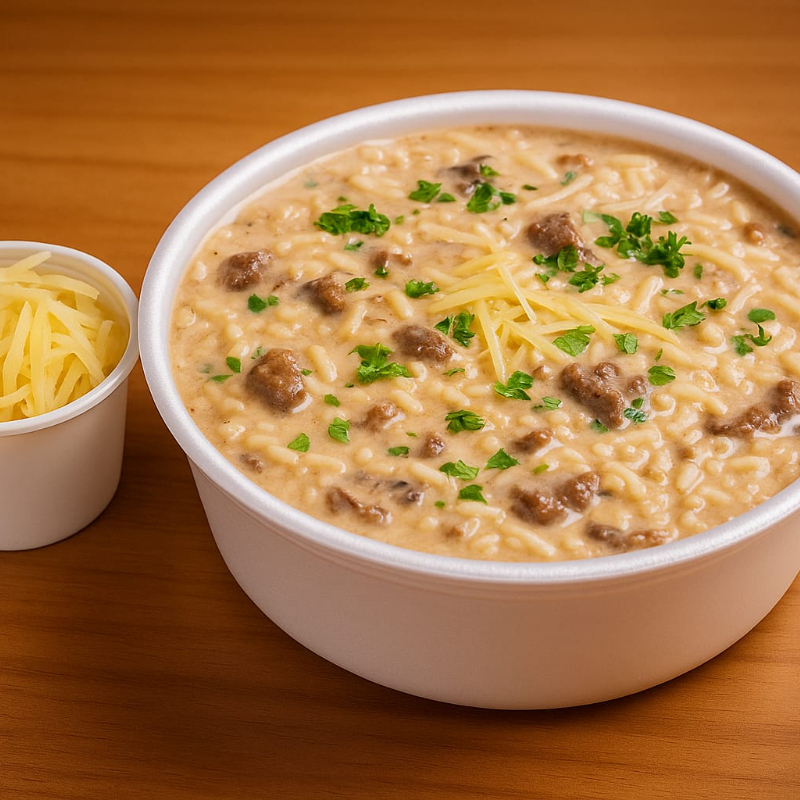 Arroz arbóreo, cebola roxa , filet mignon , funghi , creme de leite , manteiga , alho poró e parmesão.