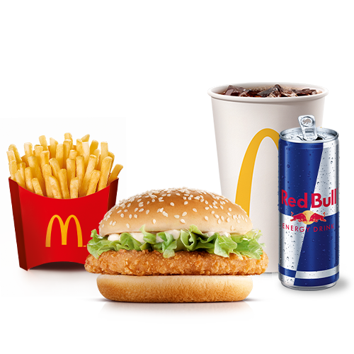 Experimente essa combinação que está irresistível. McOferta Média do Clássico McChicken composta por: Sanduíche McChicken, acompanhamento e bebida + Red Bull Energy Drink 250ml – a clássica combinação de sabor único e energia para te acompanhar em qualquer momento do dia.