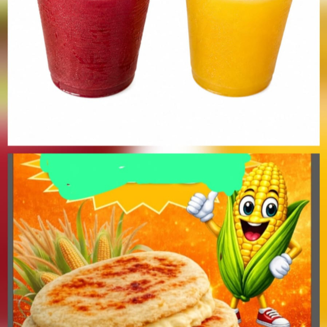 dos jugos de corozo mas dos arepas